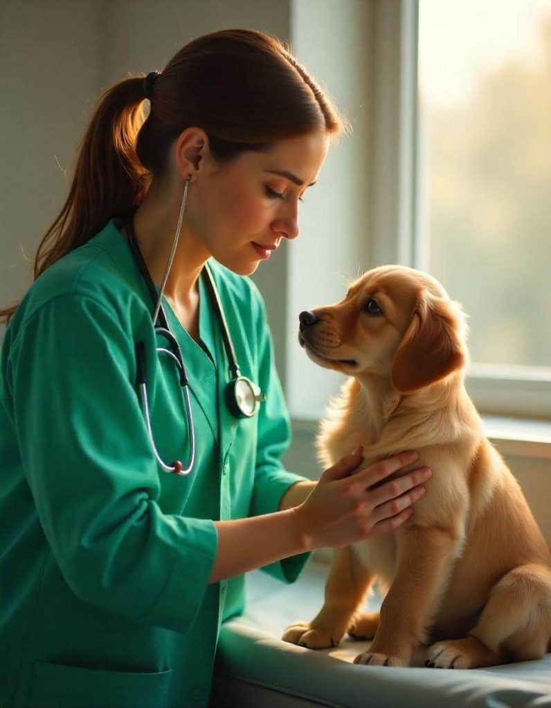 Create an engaging and relevant image for an article about pet care, featuring a veterinarian performing a health checkup on a pet."