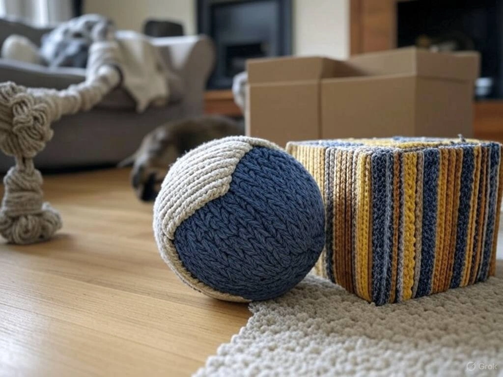 Colorful collection of DIY pet toys made from simple household items for pet entertainment