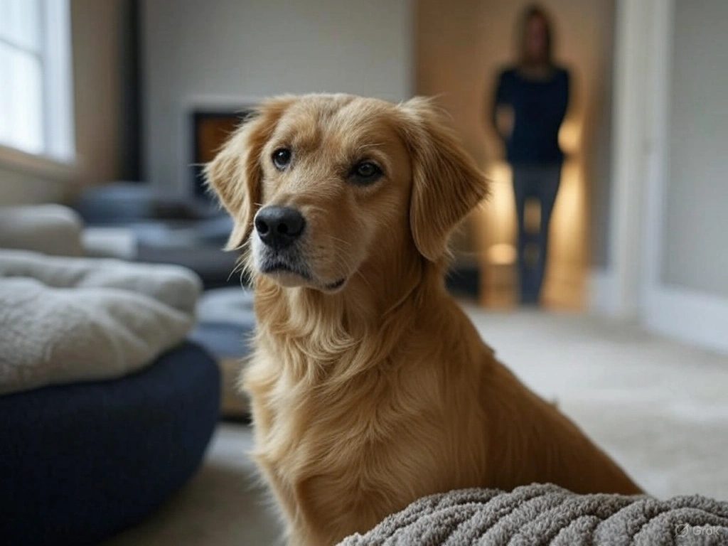 A sad dog stares out a window, showing signs of separation anxiety in dogs