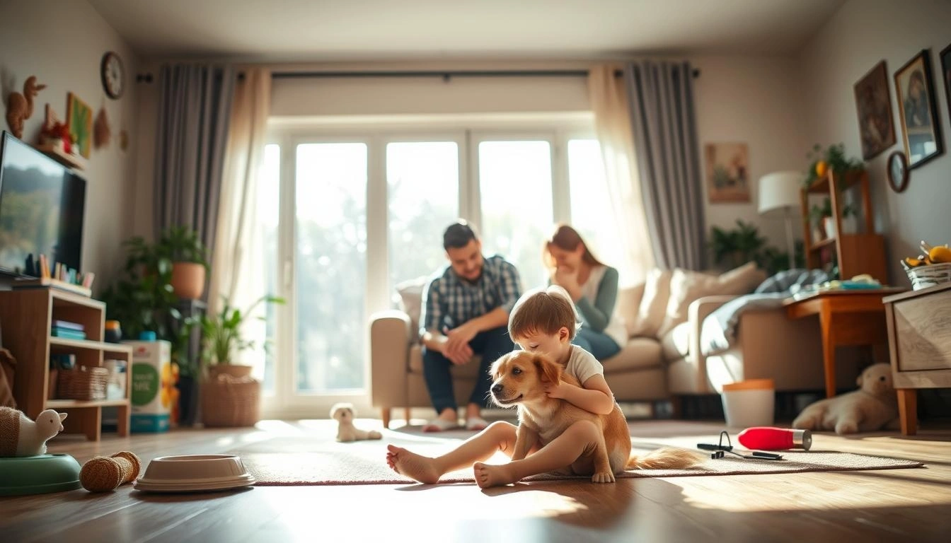 A child playing with a dog near a vet, highlighting pet parasite risks.