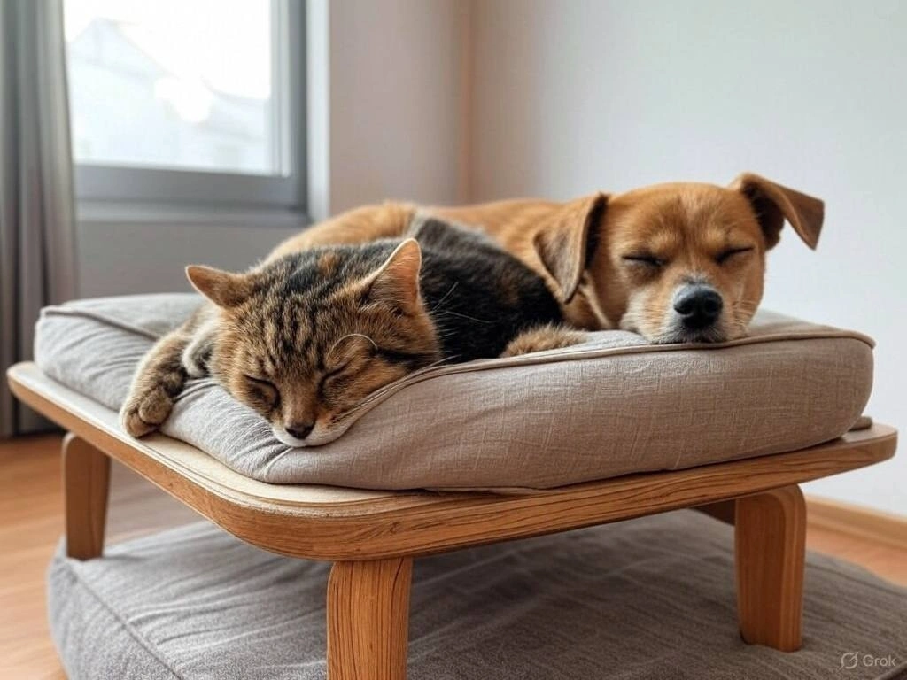 Relaxed dog resting on a cozy orthopedic rectangular pet bed in a sunlit room"
