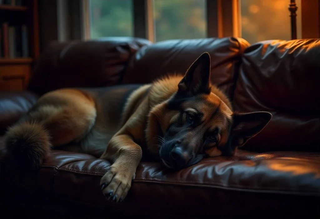 A healthy, strong, black dog sleeping soundly in bed.