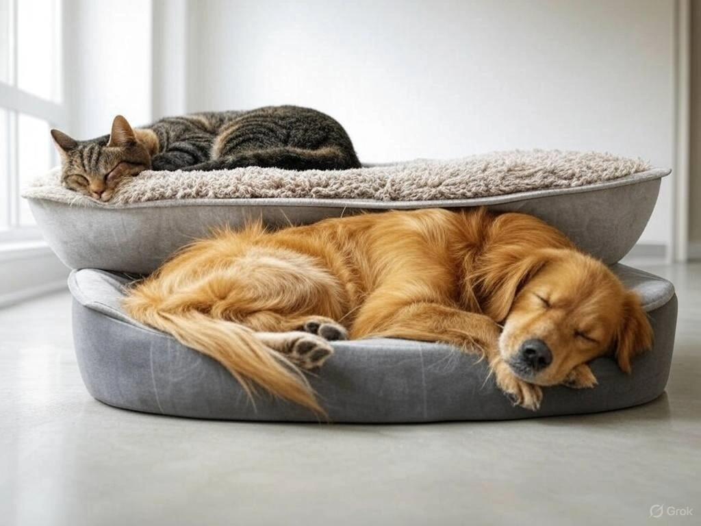 Dog and cat lounging on a stylish two-tier pet bed in a modern minimalist room"