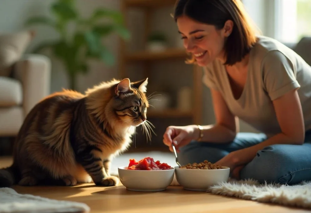 A young woman feeds her tabby cat, choosing between natural raw food and commercial cat food bowls in a stylish home environment.