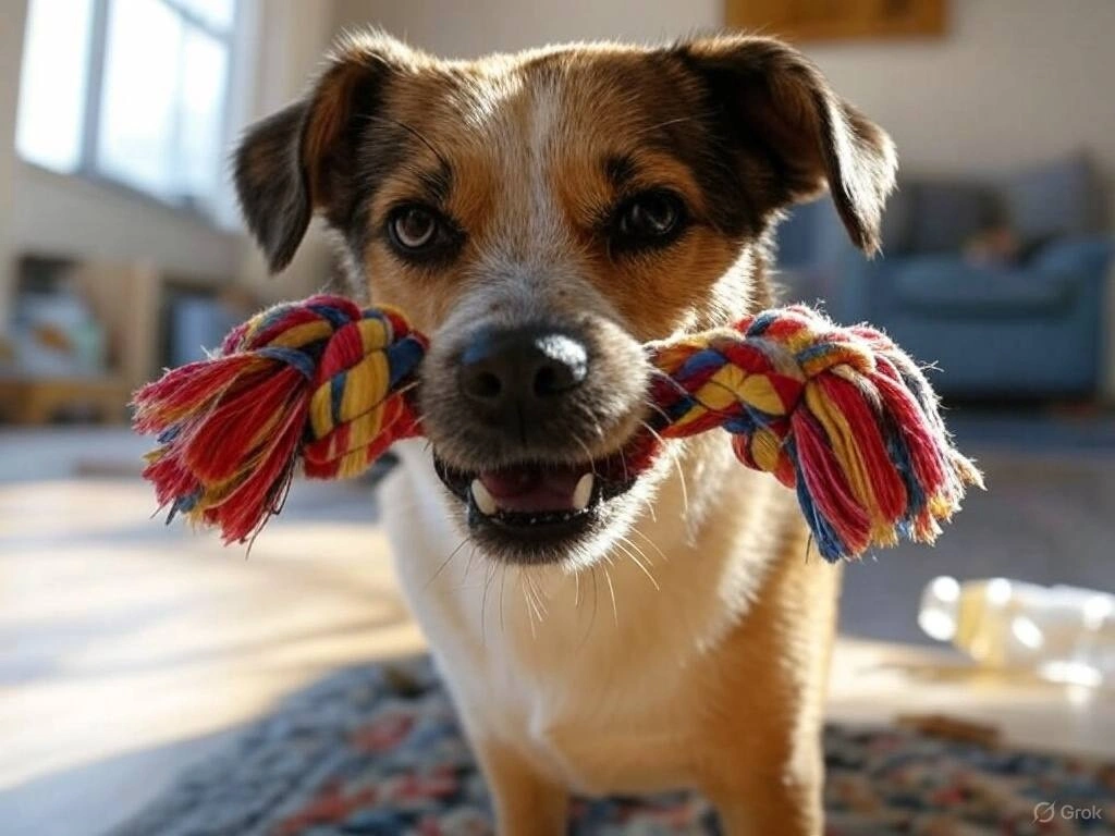 A pet and its owner happily crafting homemade DIY pet toys from simple household items