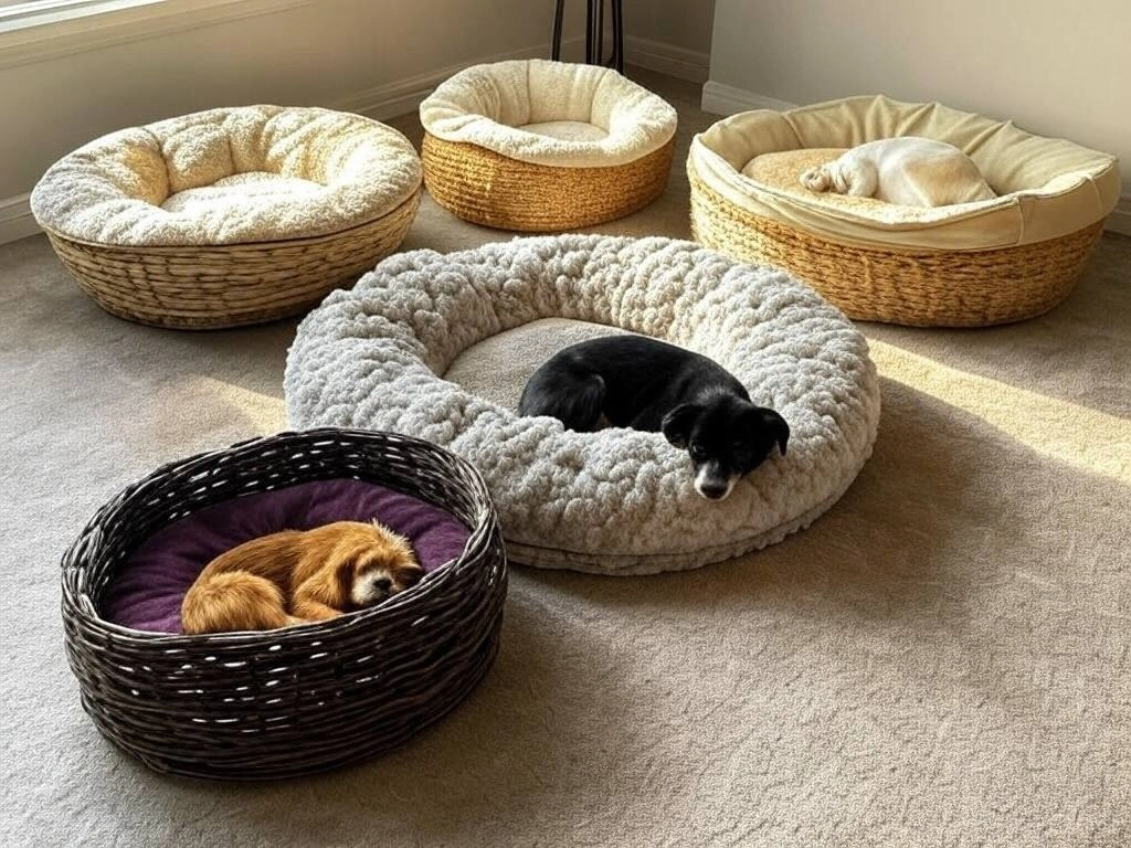 Fluffy cat curled up in a plush donut-shaped pet bed on a soft living room rug"