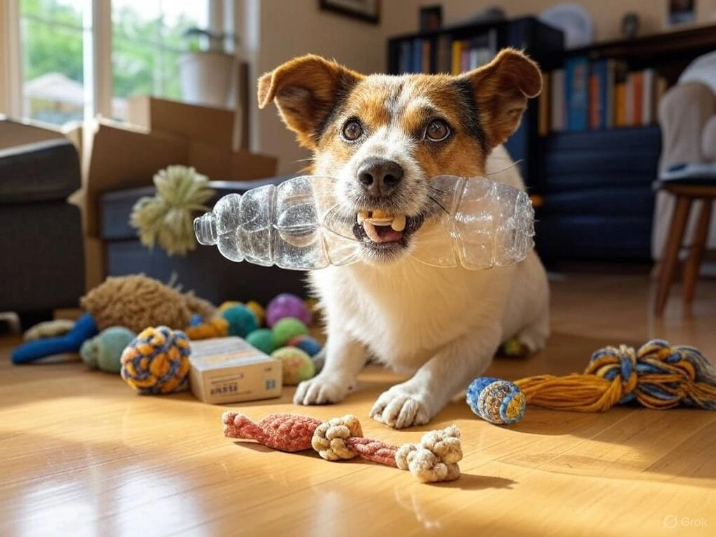 "Vibrant and engaging scene of DIY pet toys crafted from household items, perfect for pet entertainment"