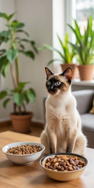 Healthy Siamese cat next to bowls of wet and dry cat food, promoting cat nutrition and health."

