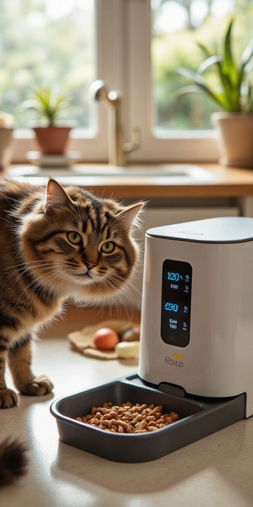 Tabby cat eating from a modern automatic cat feeder in a cozy kitchen, showcasing a regular cat feeding schedule