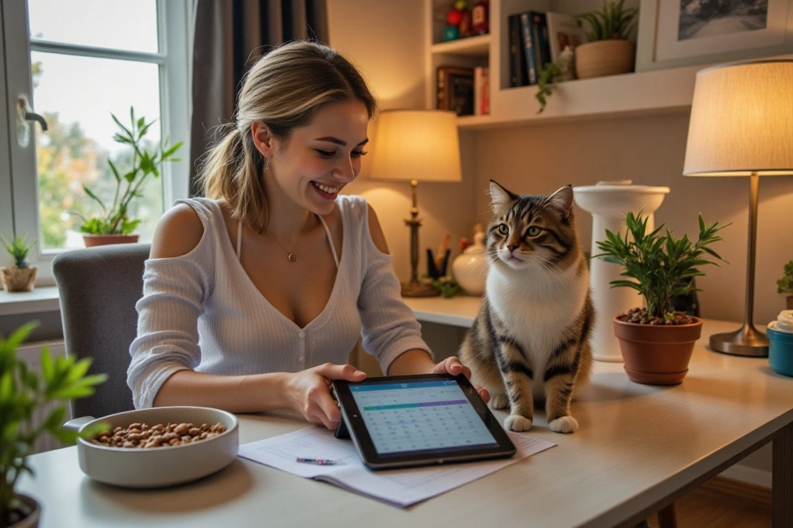 Cat owner setting a cat feeding schedule on a tablet with a Persian cat nearby, highlighting cat care and nutrition.