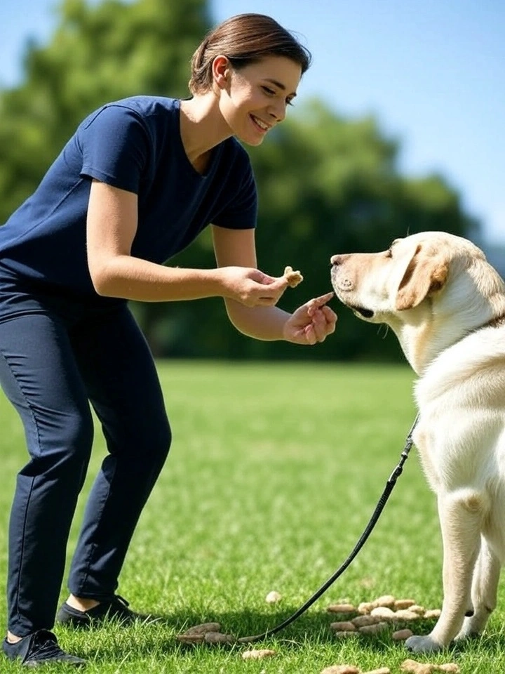 A trainer in a park crouches with a treat, teaching a sitting Labrador with a leash and scattered treats. 