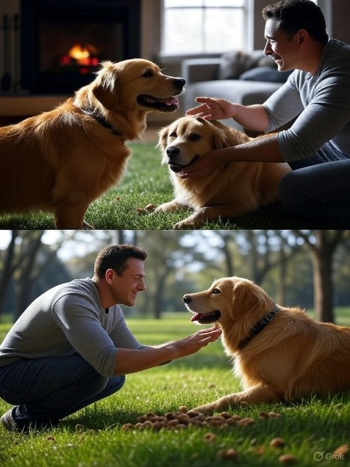 A trainer outdoors praises a lying Golden Retriever with a treat and leash on the grass. 