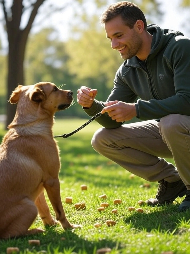 A person indoors calmly trains two sitting Golden Retrievers with consistent gestures near a fireplace. 