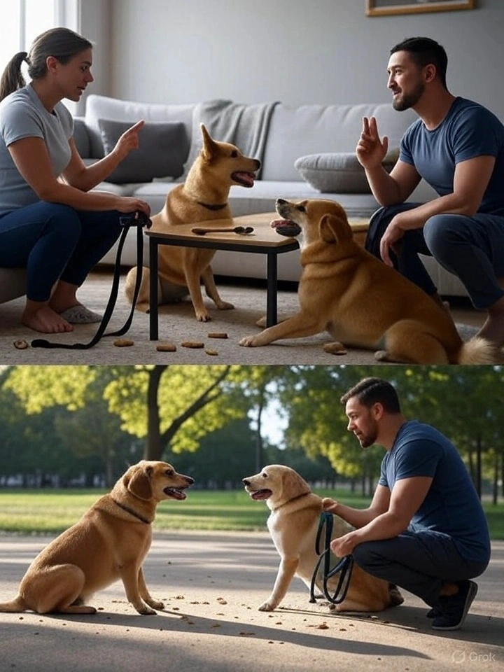 Two people indoors use consistent cues to train two sitting dogs with treats on a rug.